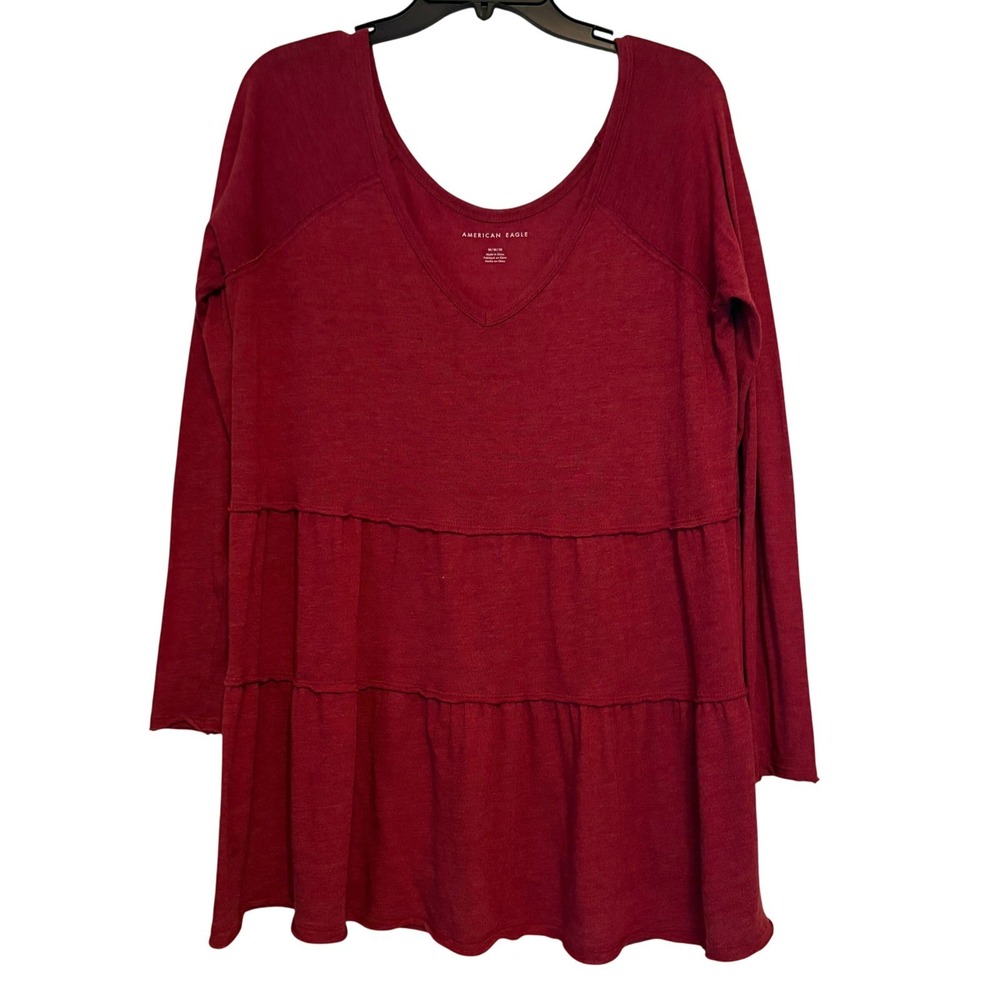 American Eagle Tunic Top Womens Medium Red Long Sleeve Tiered Boho Hippie Casual